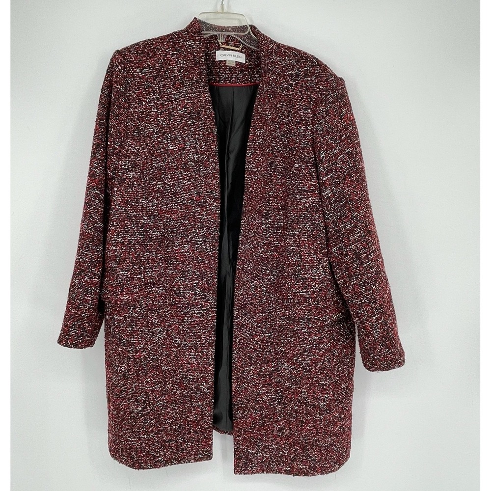 Calvin Klein Women's Red Tweed Shoulder Pad Open Front Topper Coat Plus Size 18W